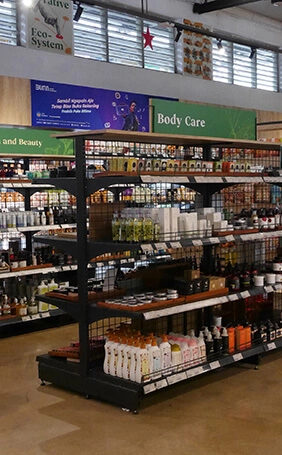 Grocery store aisles with organized product